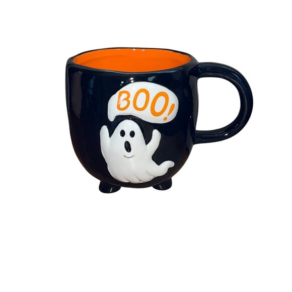 Blue Sky Mug Boo Ghost Black Ceramic Halloween Soup Beverage Footed Large 5" - Picture 1 of 5